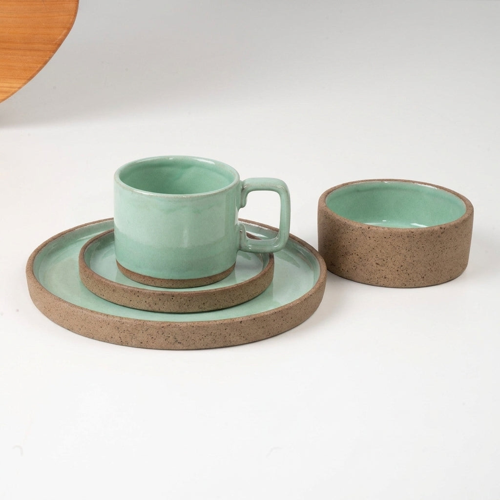 SET café da manhã reta com bowl linha reta em cerâmica artesanal — argila Cappuccino, esmalte Verde Menta
