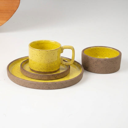 SET café da manhã reta com bowl linha reta em cerâmica artesanal — argila Flocos, esmalte Amarelo Intenso