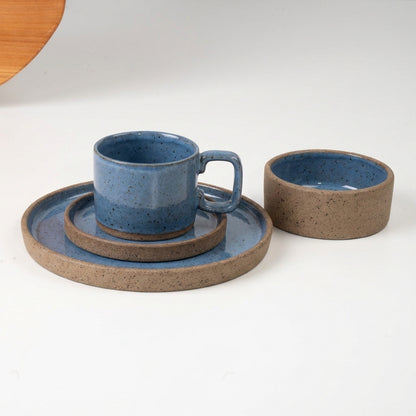 SET café da manhã reta com bowl linha reta em cerâmica artesanal — argila Flocos, esmalte Azul Safira