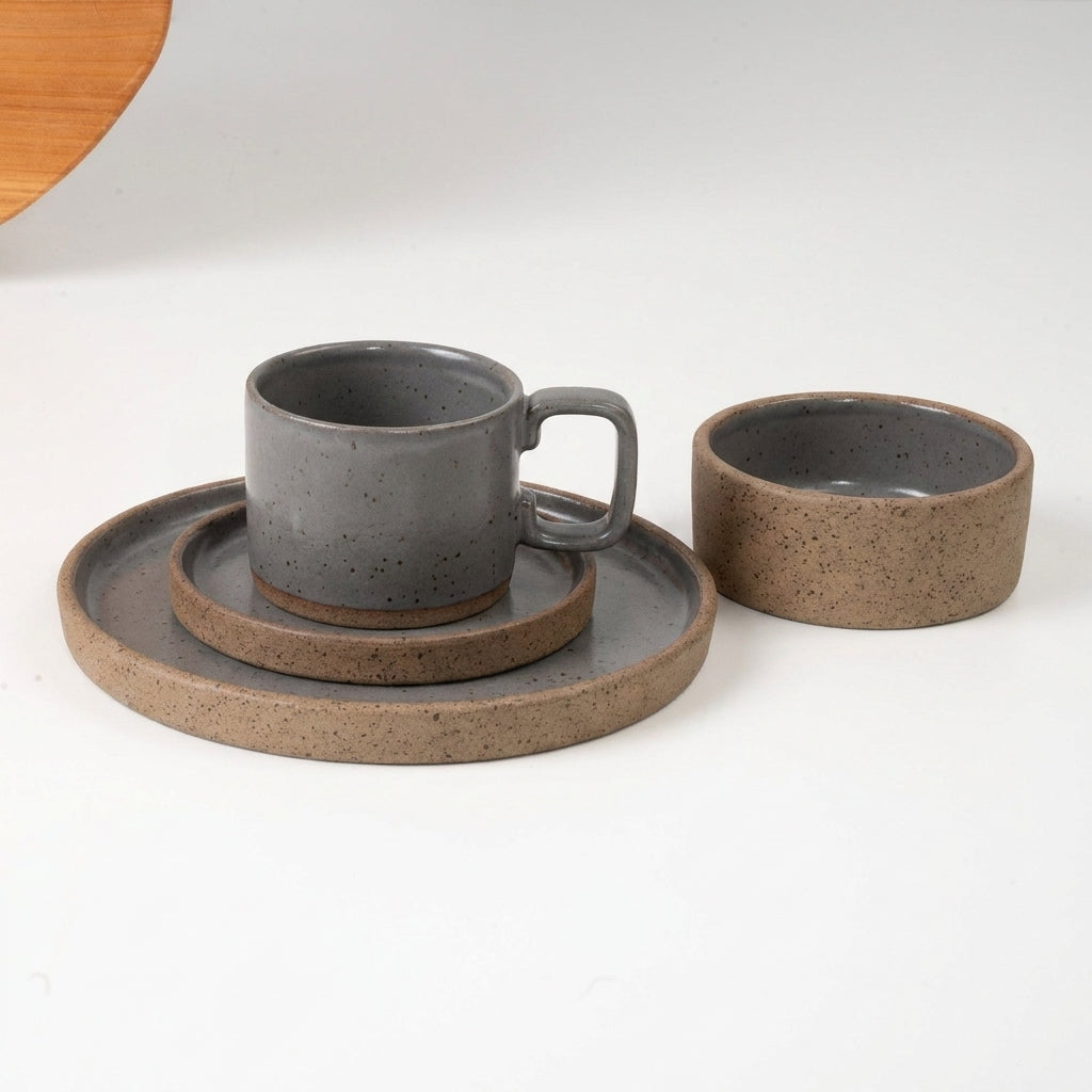 SET café da manhã reta com bowl linha reta em cerâmica artesanal — argila Flocos, esmalte Grafite