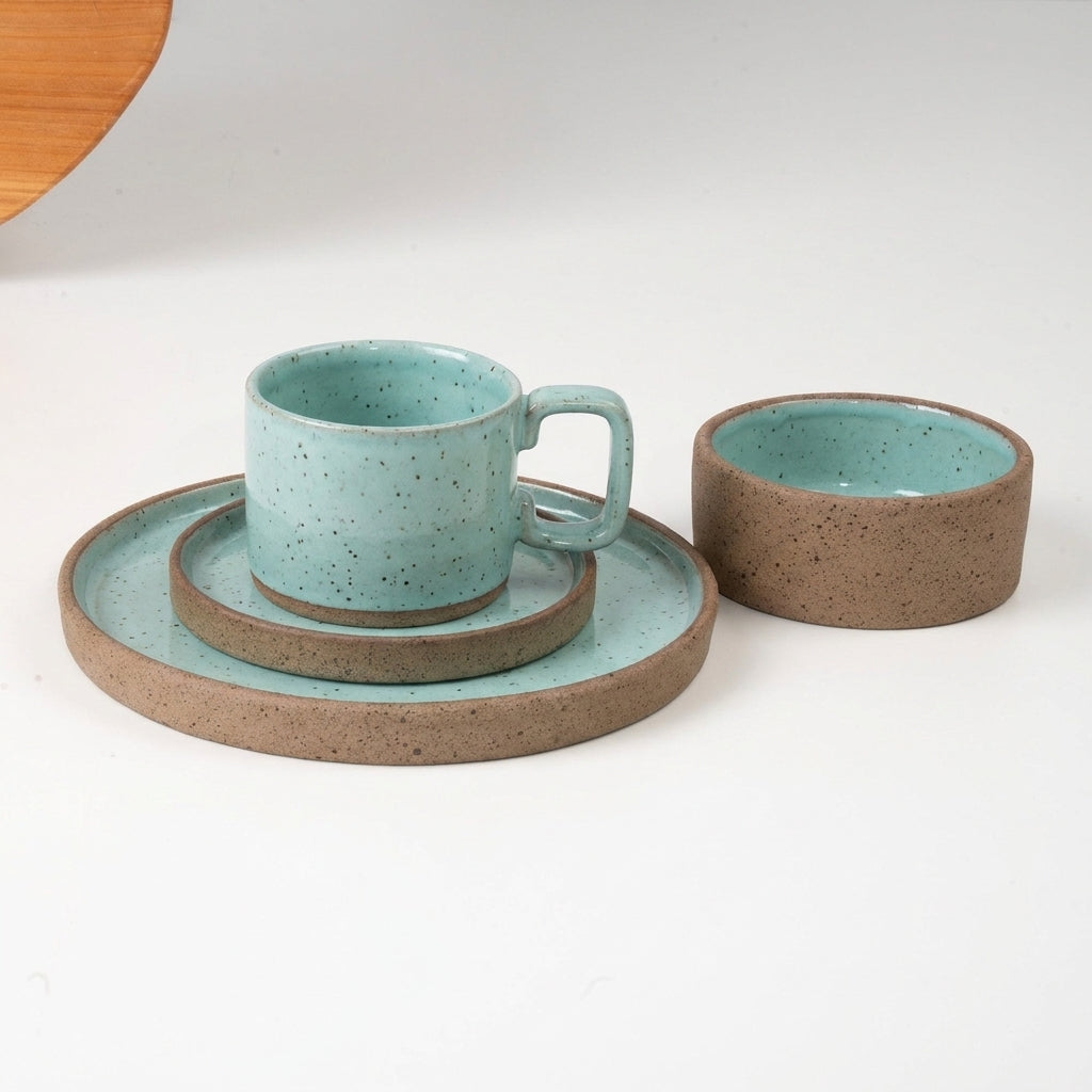 SET café da manhã reta com bowl linha reta em cerâmica artesanal — argila Flocos, esmalte Jujuba