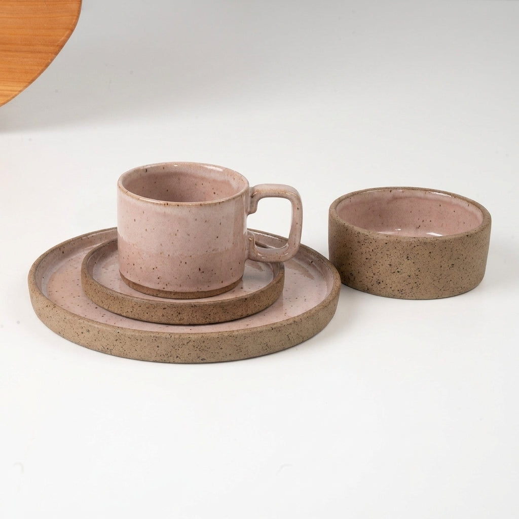SET café da manhã reta com bowl linha reta em cerâmica artesanal — argila Flocos, esmalte Nude