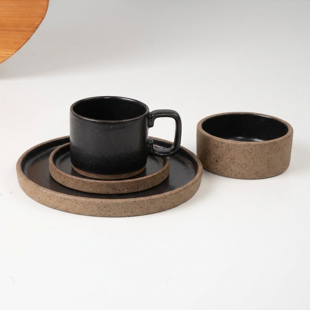SET café da manhã reta com bowl linha reta em cerâmica artesanal — argila Flocos, esmalte Preto Ébano