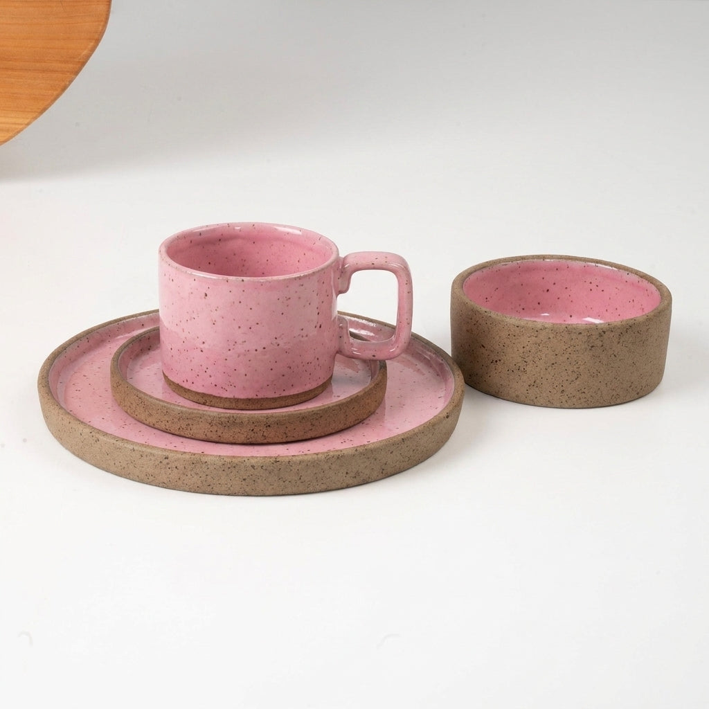 SET café da manhã reta com bowl linha reta em cerâmica artesanal — argila Flocos, esmalte Rosa Barbie