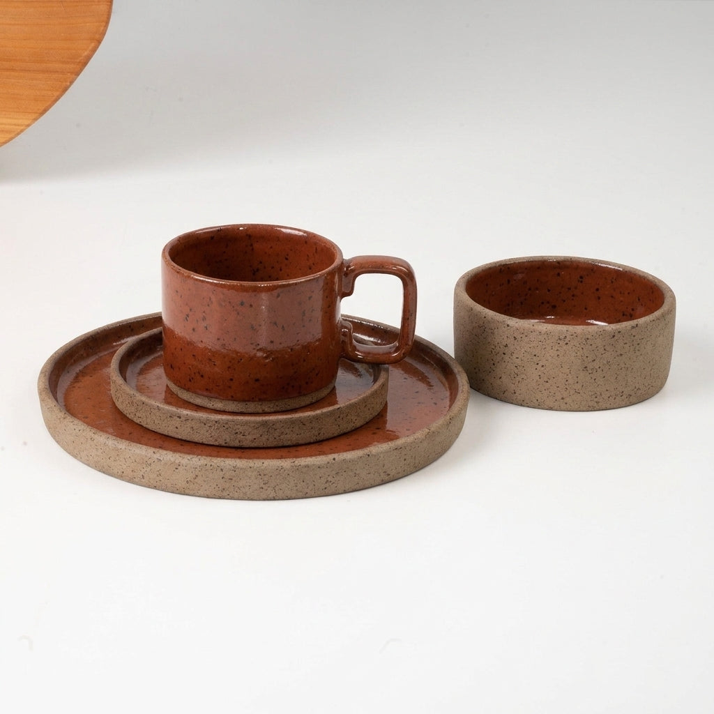 SET café da manhã reta com bowl linha reta em cerâmica artesanal — argila Flocos, esmalte Sol de Terracota