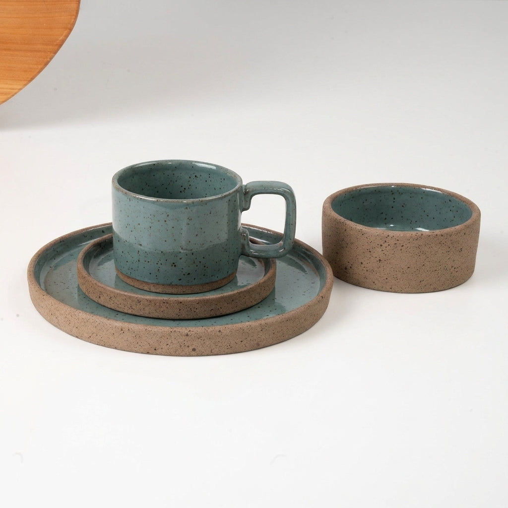 SET café da manhã reta com bowl linha reta em cerâmica artesanal — argila Flocos, esmalte Verde Exército