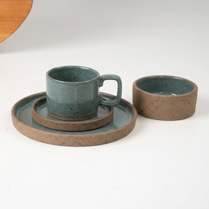 SET café da manhã reta com bowl linha reta em cerâmica artesanal — argila Flocos, esmalte Verde Exército