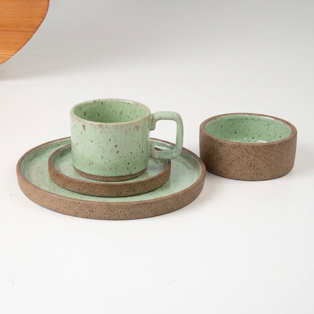 SET café da manhã reta com bowl linha reta em cerâmica artesanal — argila Flocos, esmalte Verde Menta