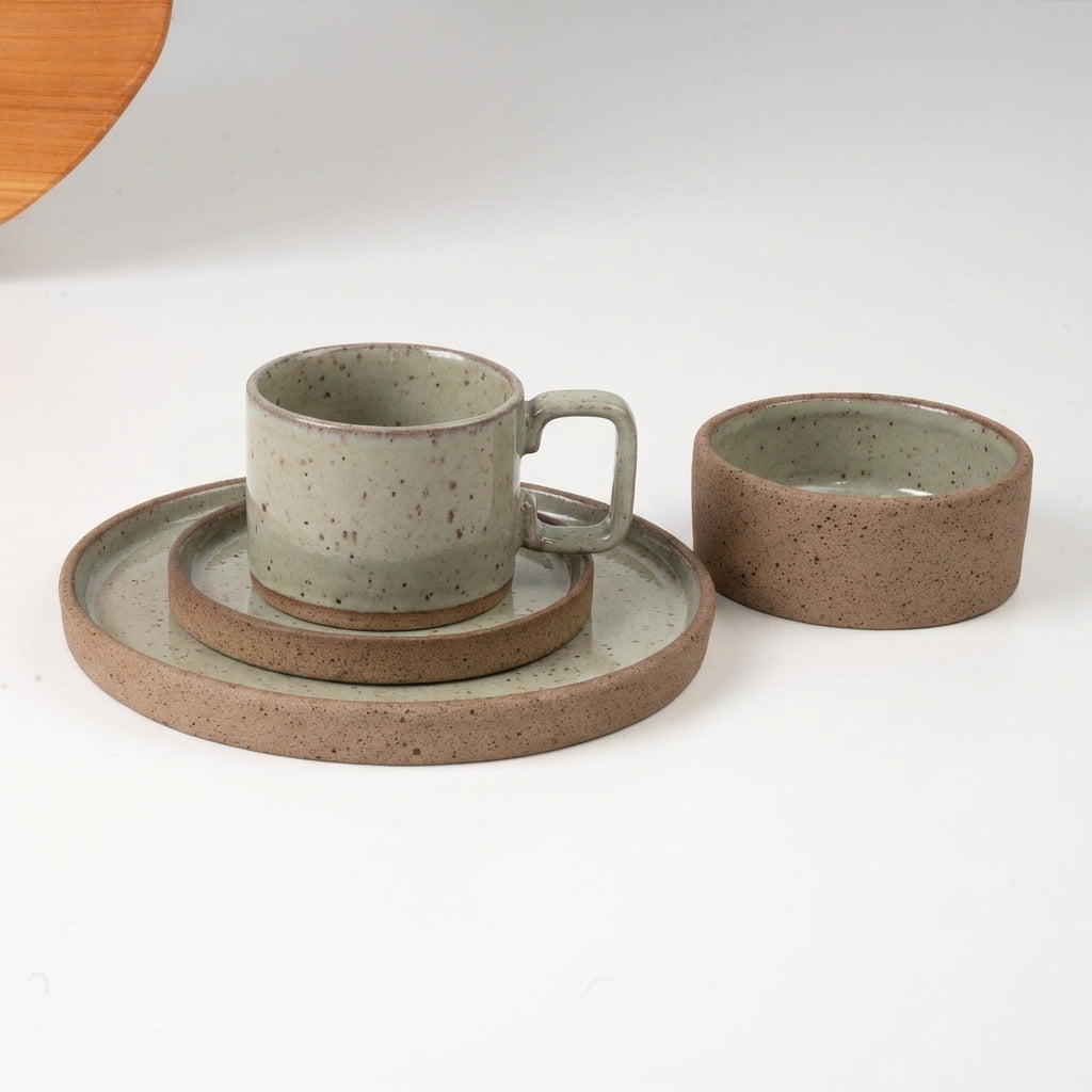 SET café da manhã reta com bowl linha reta em cerâmica artesanal — argila Flocos, esmalte Verde Pompeia