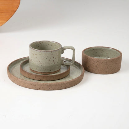 SET café da manhã reta com bowl linha reta em cerâmica artesanal — argila Flocos, esmalte Verde Pompeia