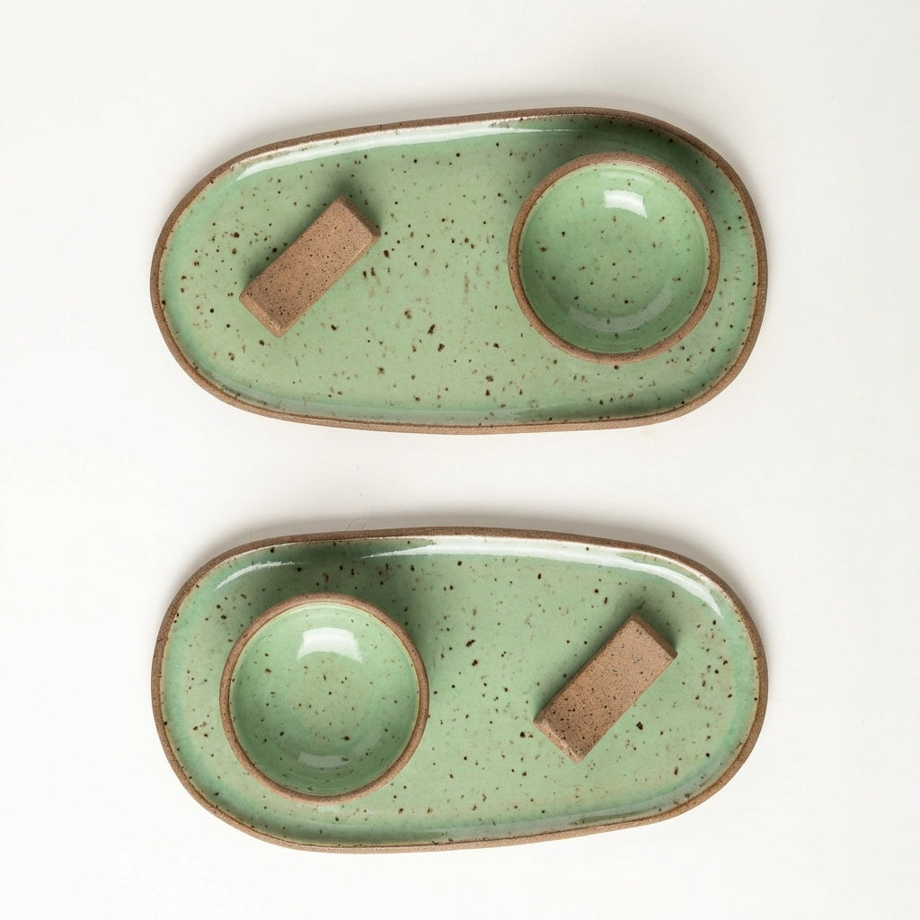Set par de pratinho orgânico com nosoki e descanso de hashi em arco em cerâmica artesanal — argila Flocos, esmalte Verde Menta