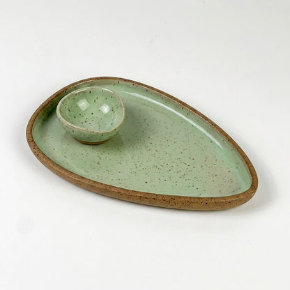 Set pratinho  individual triângulo com nosoki triângulo em cerâmica artesanal — argila Flocos, esmalte Verde Menta
