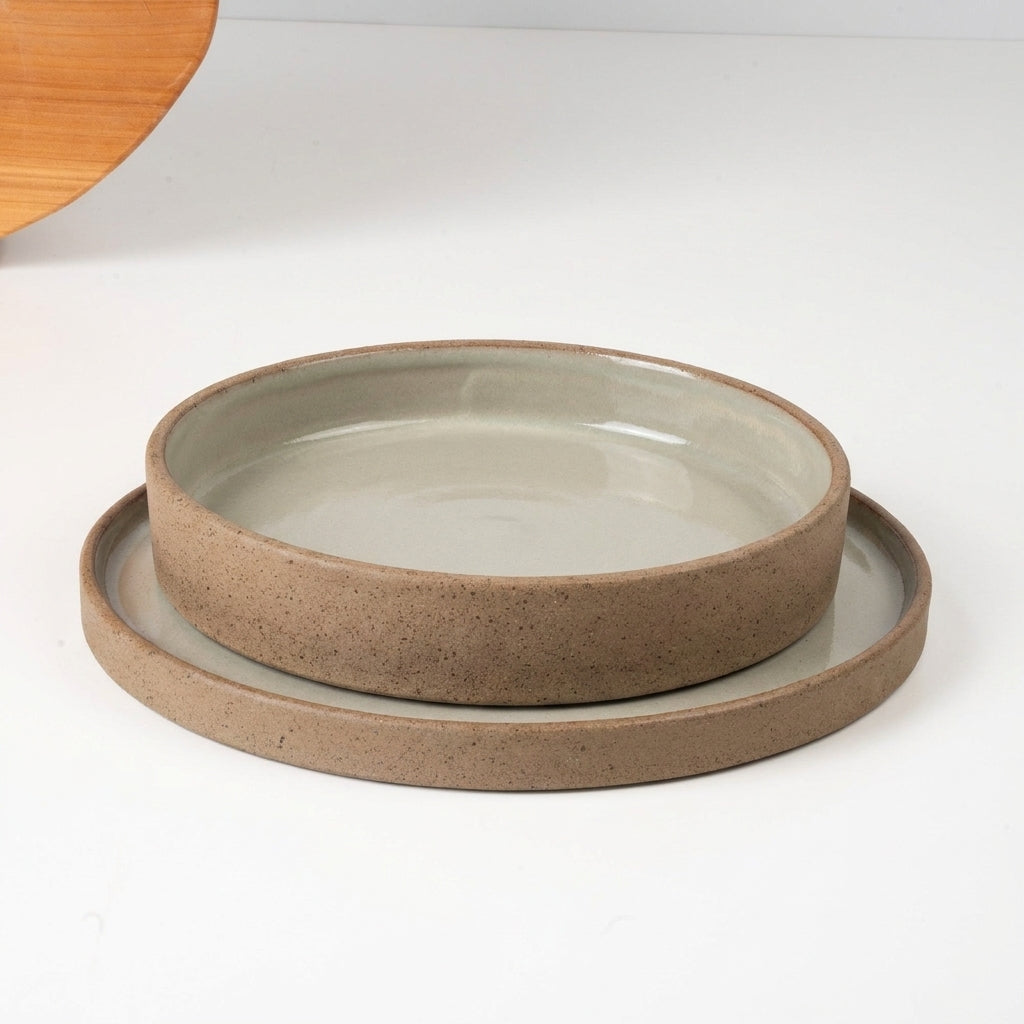 SET Prato Raso e Fundo linha Reta em cerâmica artesanal — argila Cappuccino, esmalte Verde Pompeia