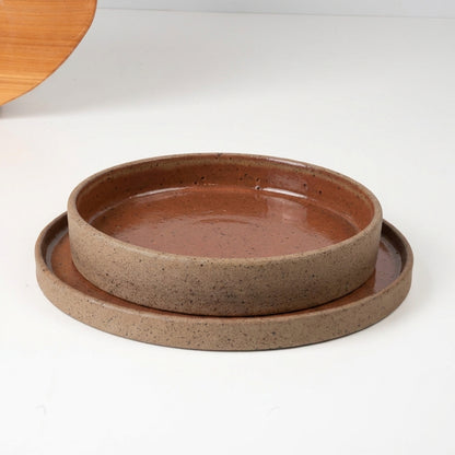 SET Prato Raso e Fundo linha Reta em cerâmica artesanal — argila Flocos, esmalte Sol de Terracota