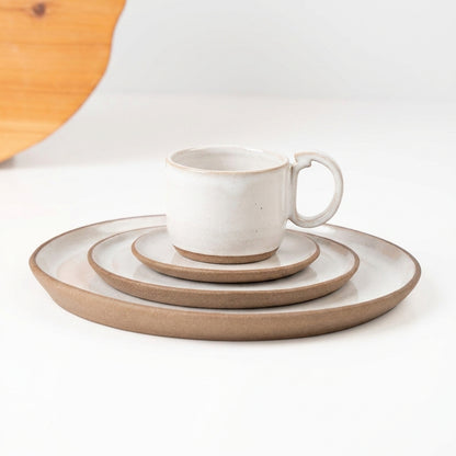 SET Refeição, sobremesa e café encontro em cerâmica artesanal — argila Cappuccino, esmalte Branco AMME