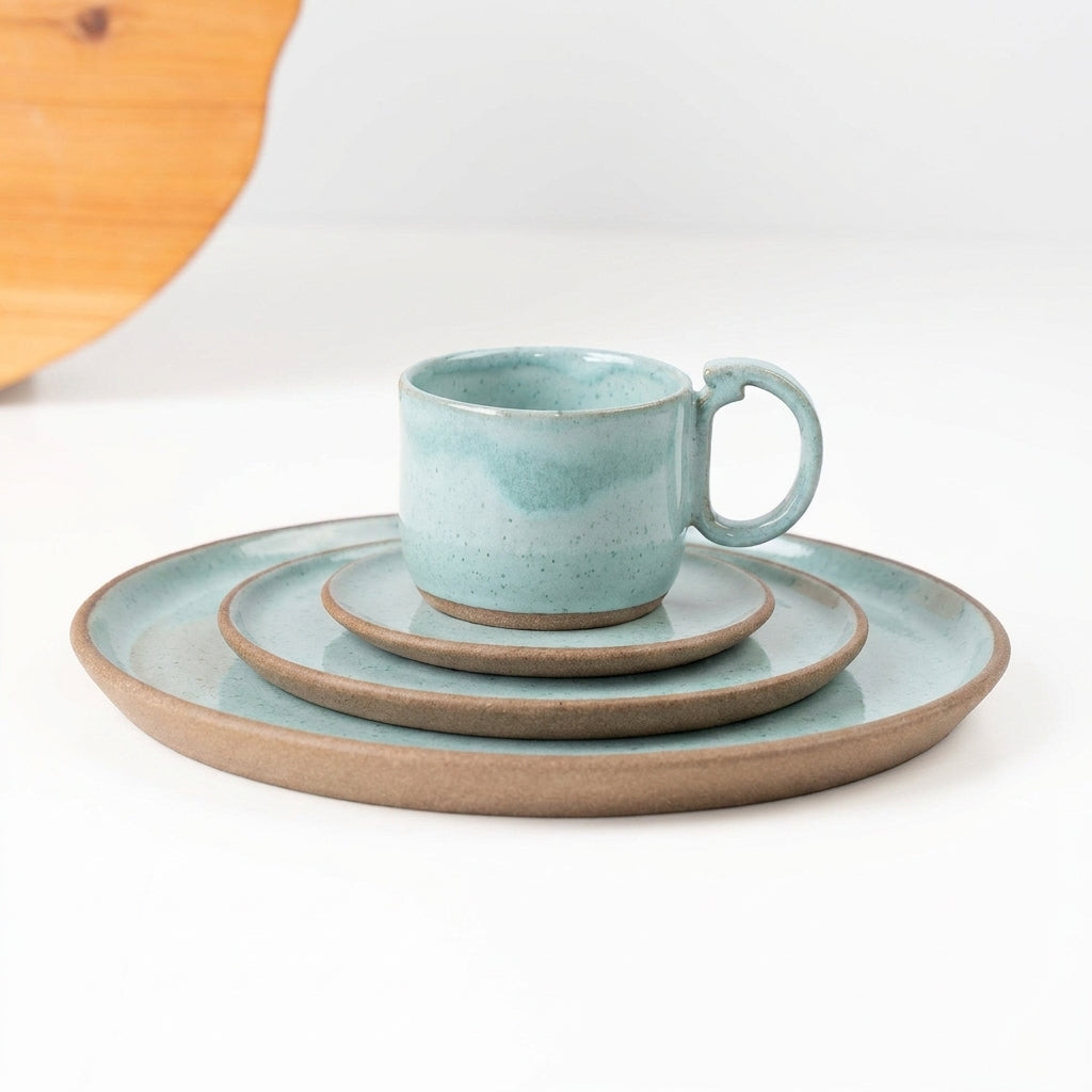 SET Refeição, sobremesa e café encontro em cerâmica artesanal — argila Cappuccino, esmalte Jujuba