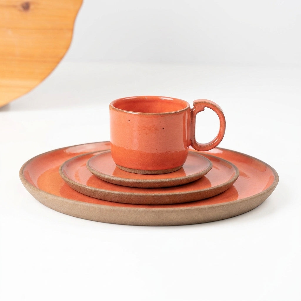 SET Refeição, sobremesa e café encontro em cerâmica artesanal — argila Cappuccino, esmalte Laranja Intenso