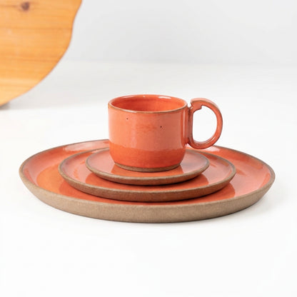 SET Refeição, sobremesa e café encontro em cerâmica artesanal — argila Cappuccino, esmalte Laranja Intenso