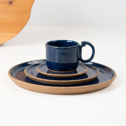 SET Refeição, sobremesa e café encontro em cerâmica artesanal — argila Cappuccino, esmalte Lazuli