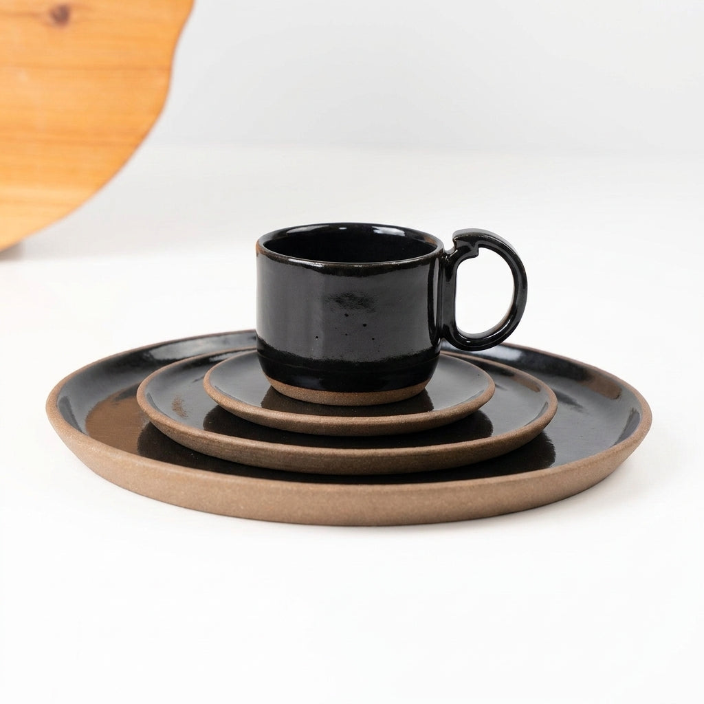 SET Refeição, sobremesa e café encontro em cerâmica artesanal — argila Cappuccino, esmalte Preto Ébano