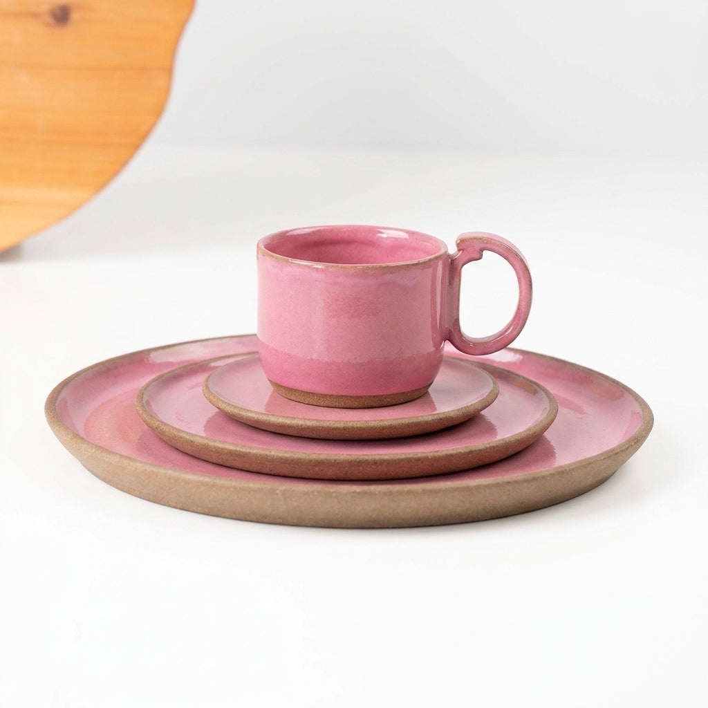 SET Refeição, sobremesa e café encontro em cerâmica artesanal — argila Cappuccino, esmalte Rosa Barbie