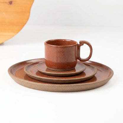 SET Refeição, sobremesa e café encontro em cerâmica artesanal — argila Cappuccino, esmalte Sol de Terracota