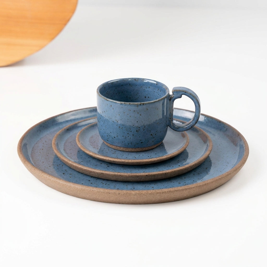 SET Refeição, sobremesa e café encontro em cerâmica artesanal — argila Flocos, esmalte Azul Safira