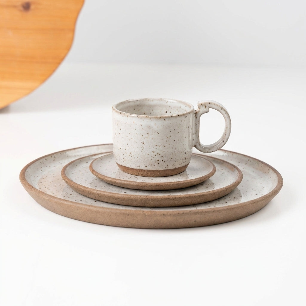 SET Refeição, sobremesa e café encontro em cerâmica artesanal — argila Flocos, esmalte Branco AMME