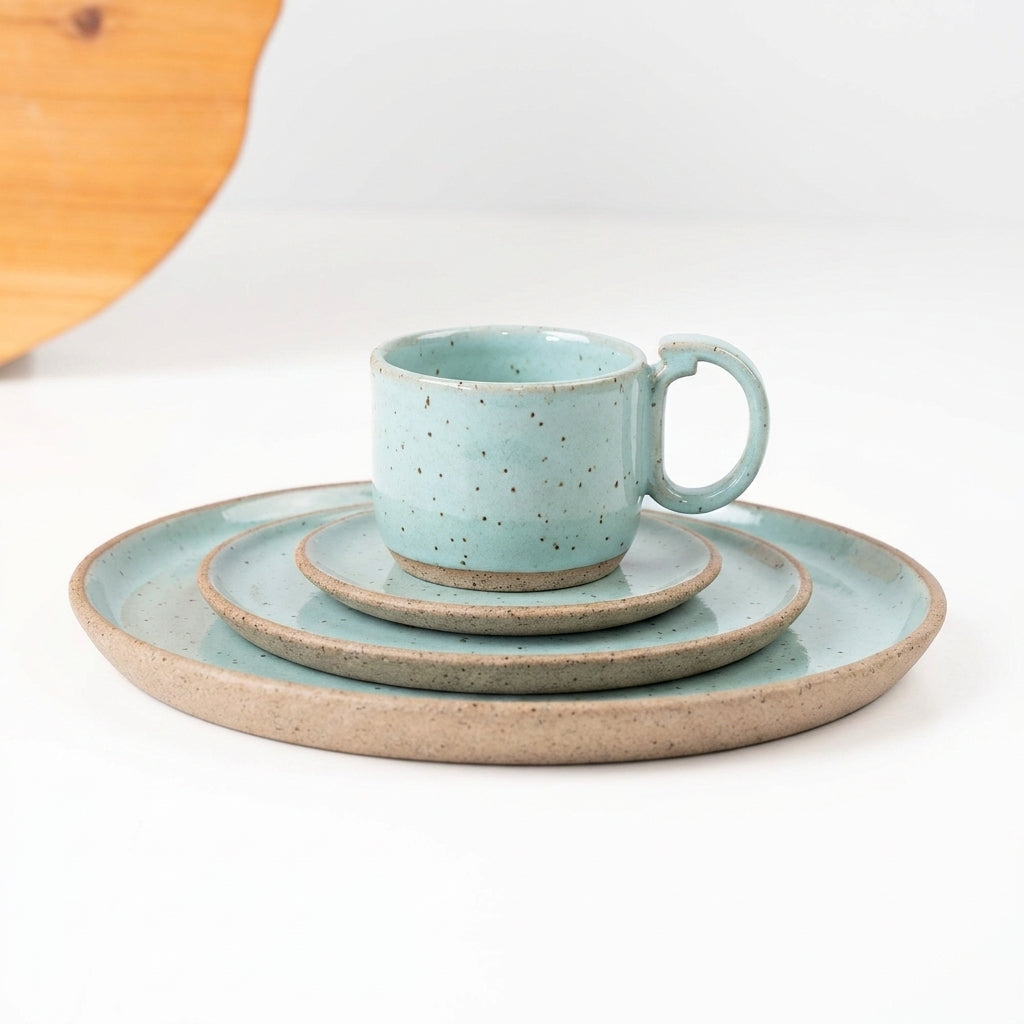 SET Refeição, sobremesa e café encontro em cerâmica artesanal — argila Flocos, esmalte Jujuba