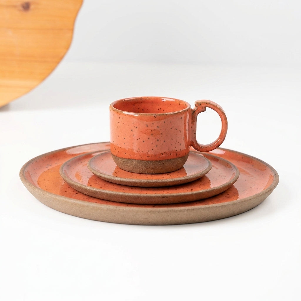 SET Refeição, sobremesa e café encontro em cerâmica artesanal — argila Flocos, esmalte Laranja Intenso