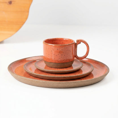 SET Refeição, sobremesa e café encontro em cerâmica artesanal — argila Flocos, esmalte Laranja Intenso