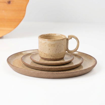 SET Refeição, sobremesa e café encontro em cerâmica artesanal — argila Flocos, esmalte Pedra Sabão