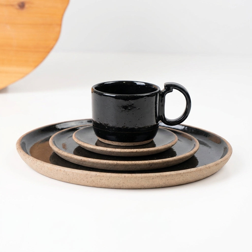 SET Refeição, sobremesa e café encontro em cerâmica artesanal — argila Flocos, esmalte Preto Ébano