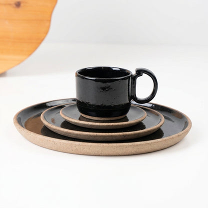 SET Refeição, sobremesa e café encontro em cerâmica artesanal — argila Flocos, esmalte Preto Ébano