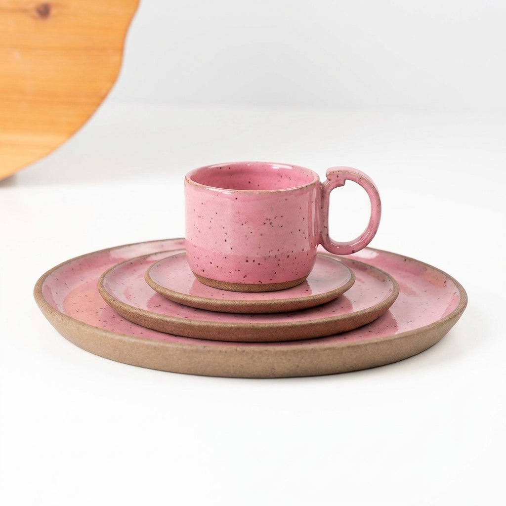 SET Refeição, sobremesa e café encontro em cerâmica artesanal — argila Flocos, esmalte Rosa Barbie