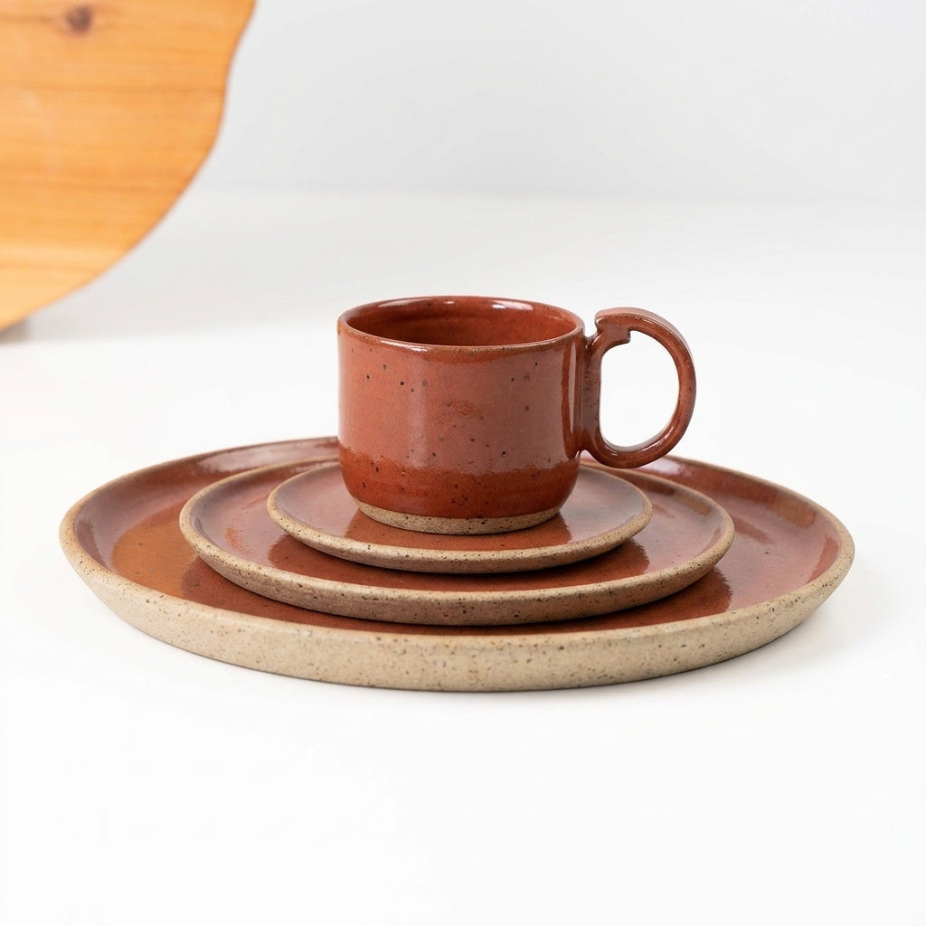 SET Refeição, sobremesa e café encontro em cerâmica artesanal — argila Flocos, esmalte Sol de Terracota
