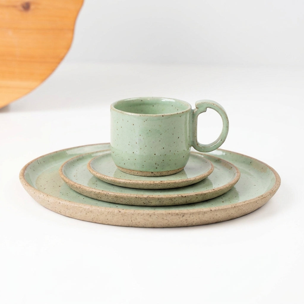 SET Refeição, sobremesa e café encontro em cerâmica artesanal — argila Flocos, esmalte Verde Menta