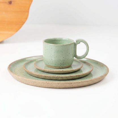 SET Refeição, sobremesa e café encontro em cerâmica artesanal — argila Flocos, esmalte Verde Menta