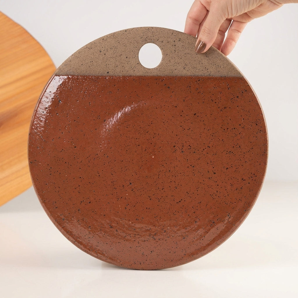 Tábua de Frios Redonda em cerâmica artesanal — tamanho 29CM, argila Flocos, esmalte Sol de Terracota
