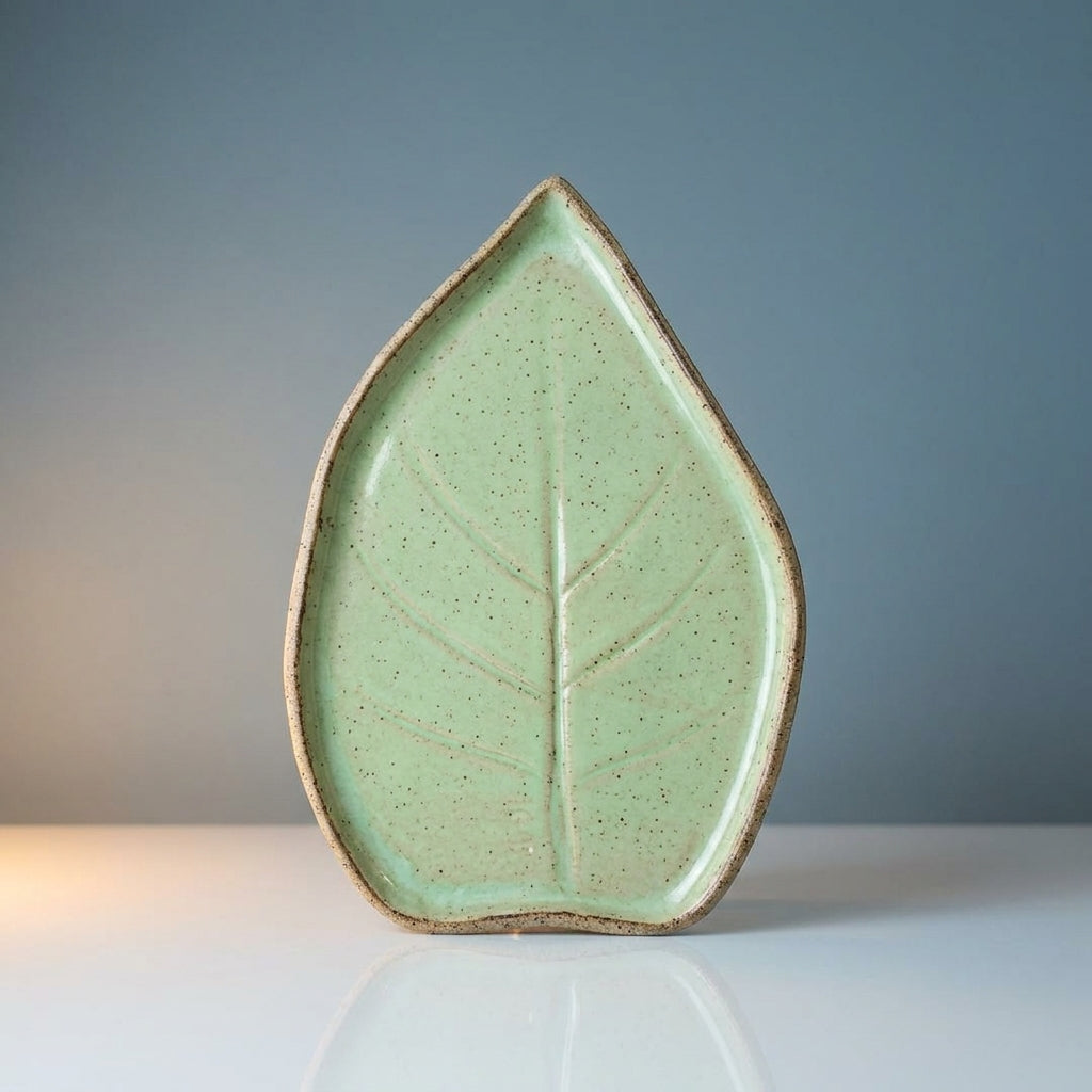 Travessa Folha Natural em cerâmica artesanal — tamanho 23CM x 19CM, argila Flocos, esmalte Verde Menta