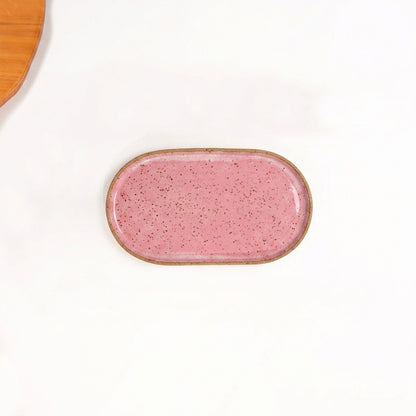 Travessa Retangular com Laterais Arredondados em cerâmica artesanal — tamanho 19CM x 10CM, argila Flocos, esmalte Rosa Barbie