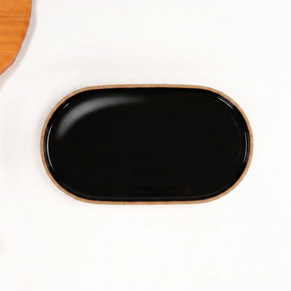 Travessa Retangular com Laterais Arredondados em cerâmica artesanal — tamanho 32CM x 17CM, argila Flocos, esmalte Preto Ébano