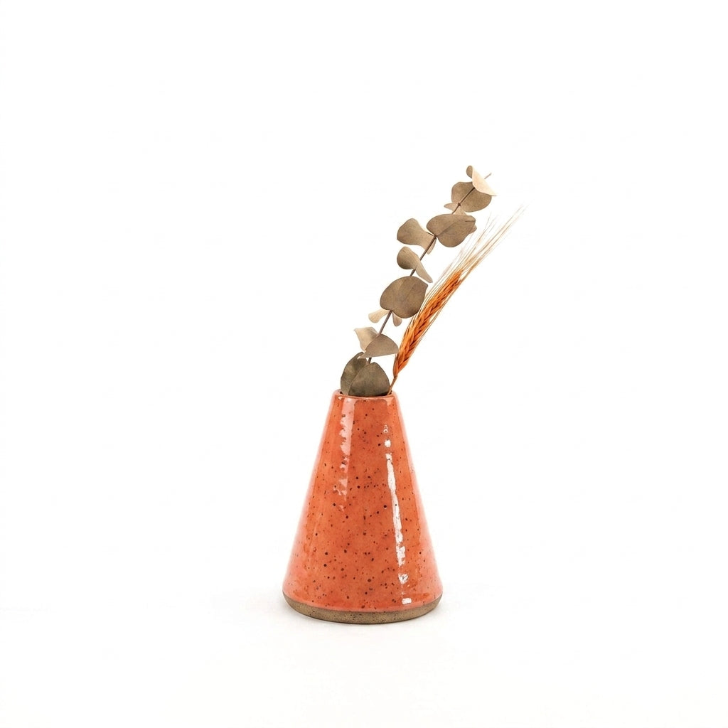 Vaso Cone em cerâmica artesanal — tamanho 15CM, argila Flocos, esmalte Laranja Intenso