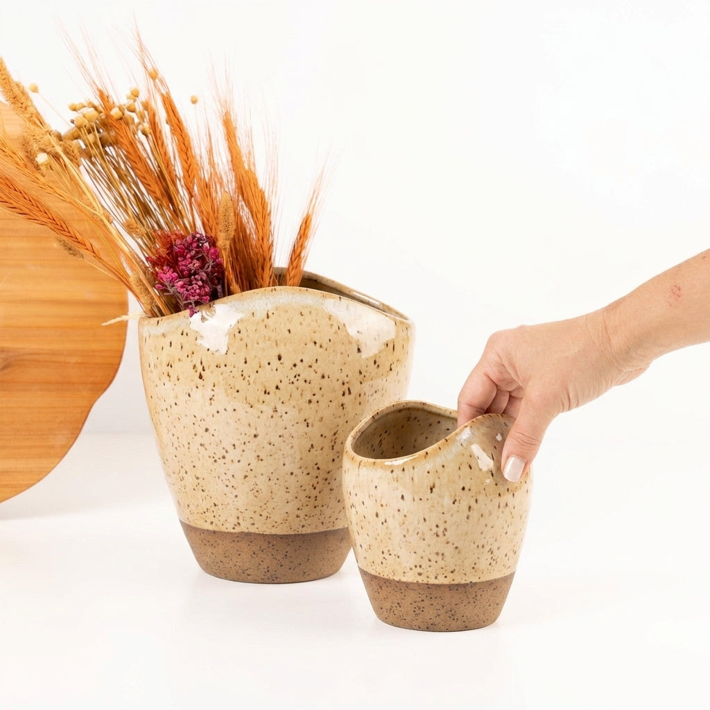 Vaso Fenda em cerâmica artesanal — tamanho KIT, argila Flocos, esmalte Pedra Sabão