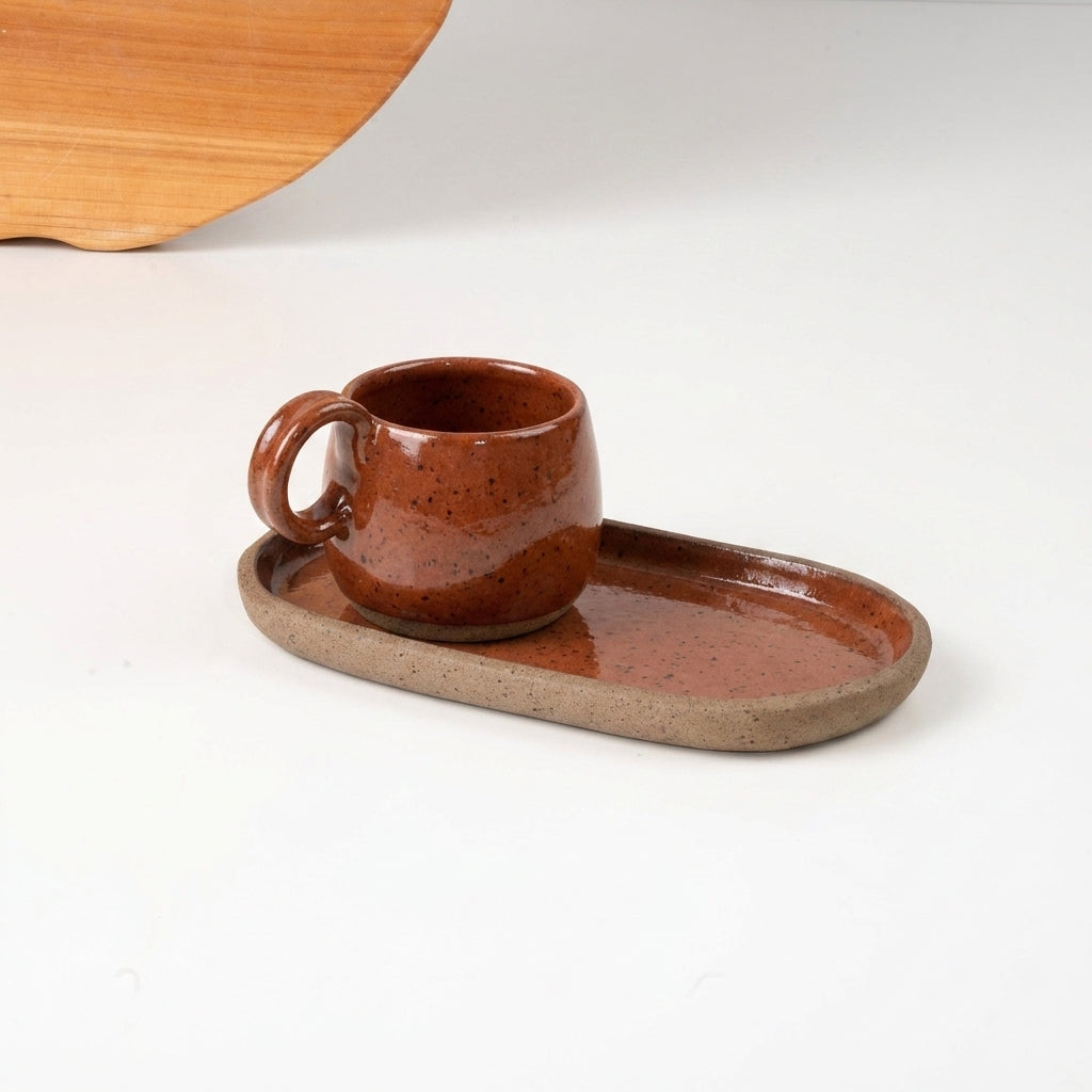 Xícara Cumbuca com Alça em Laço com pires alongado em cerâmica artesanal — tamanho 100ML, argila Flocos, esmalte Sol de Terracota