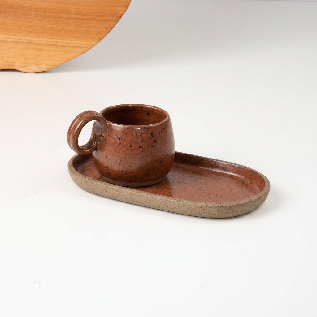 Xícara Cumbuca com Alça em Laço com pires alongado em cerâmica artesanal — tamanho 250ML, argila Flocos, esmalte Sol de Terracota