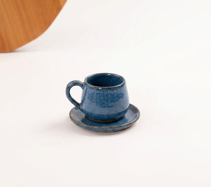 Xícara Cumbuca com Alça Esfera em cerâmica artesanal — tamanho 100ML, argila Flocos, esmalte Azul Safira