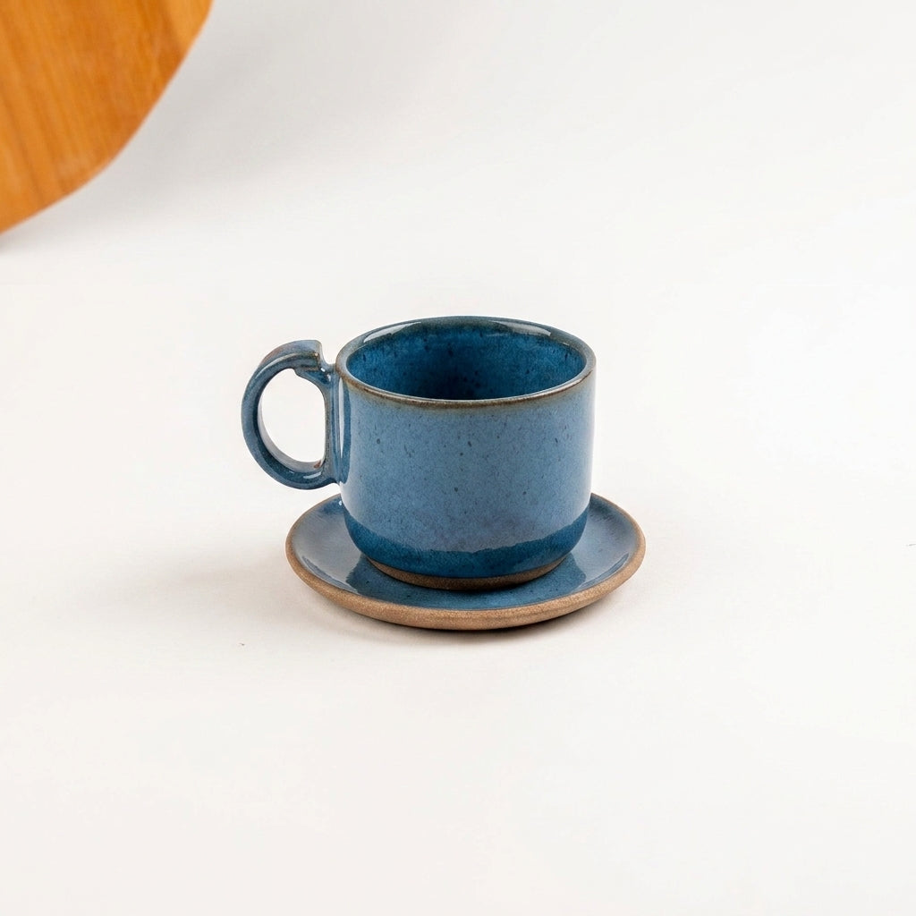 Xícara Encontro em cerâmica artesanal — tamanho 250ML, argila Cappuccino, esmalte Azul Safira