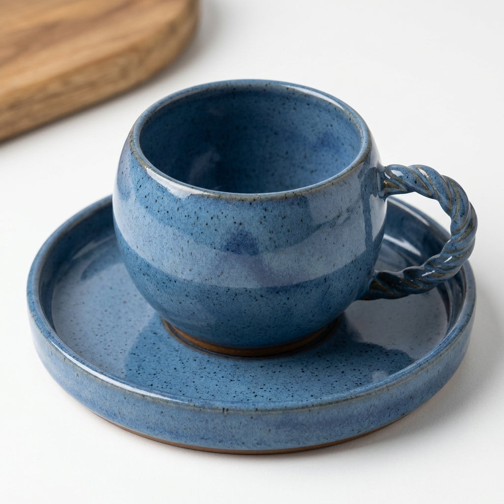 Xícara Esfera com Alça Espiral em cerâmica artesanal — tamanho 100ML, argila Cappuccino, esmalte Azul Safira