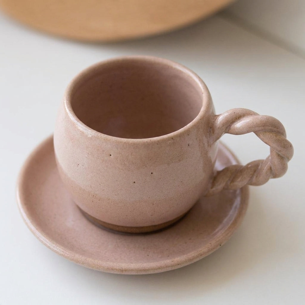 Xícara Esfera com Alça Espiral em cerâmica artesanal — tamanho 100ML, argila Cappuccino, esmalte Nude